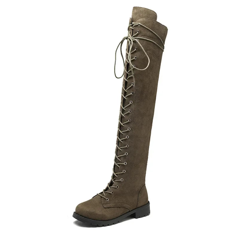 Damska - Buty za kolano - Zamszowe - Sznurowane - Eleganckie obuwie na każdą okazję