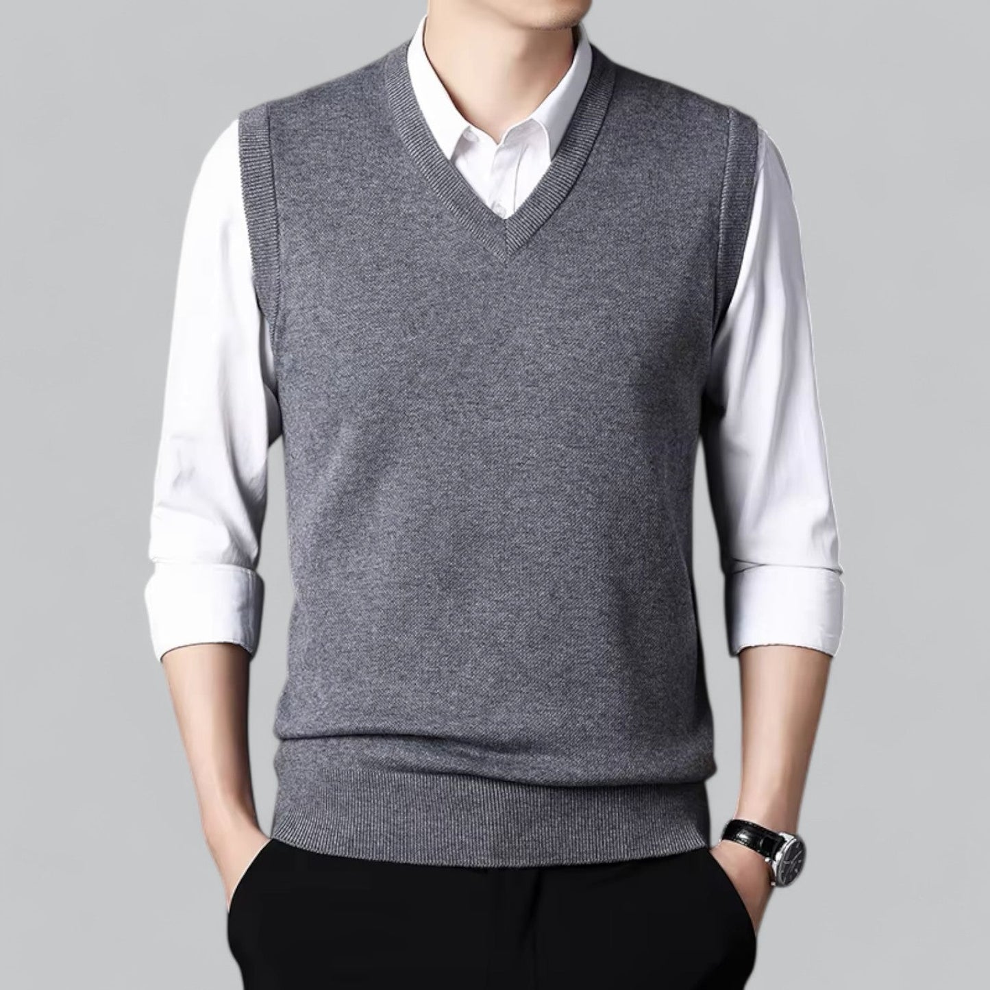 Męska - Klasyczny kardigan bez rękawów - Dekoltem w szpic - Miękki materiał - Stylowa warstwa wierzchnia