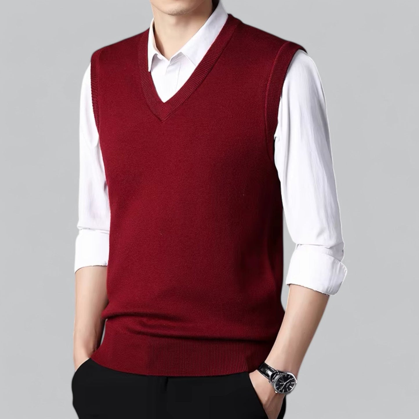 Męska - Klasyczny kardigan bez rękawów - Dekoltem w szpic - Miękki materiał - Stylowa warstwa wierzchnia