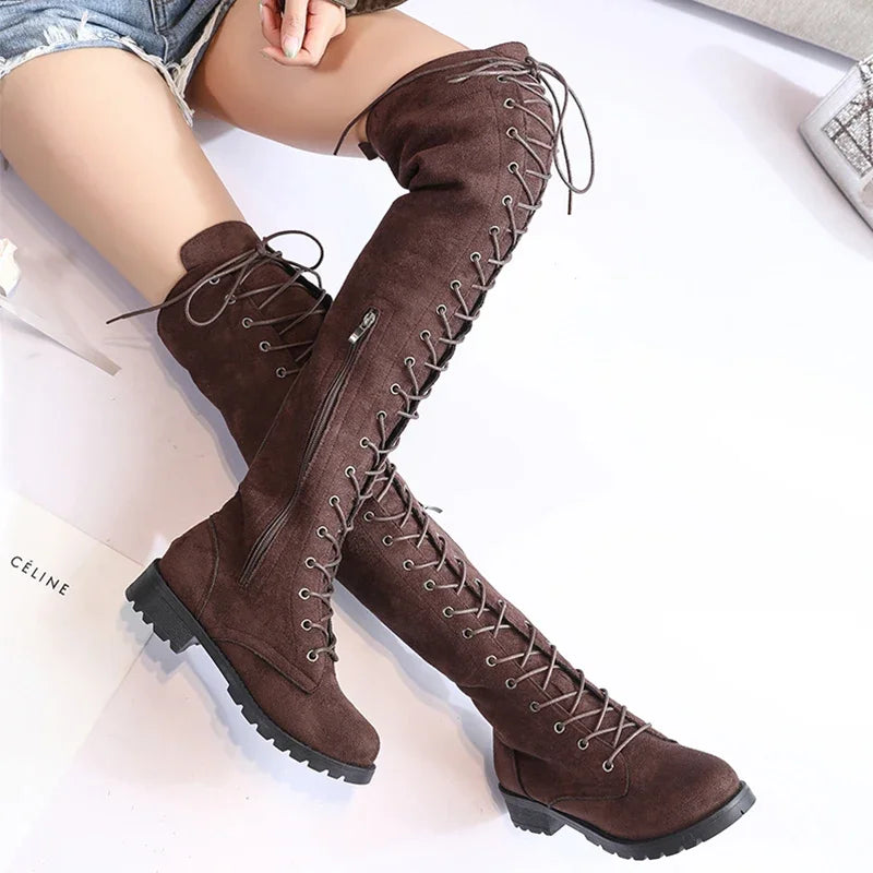 Damska - Buty za kolano - Zamszowe - Sznurowane - Eleganckie obuwie na każdą okazję