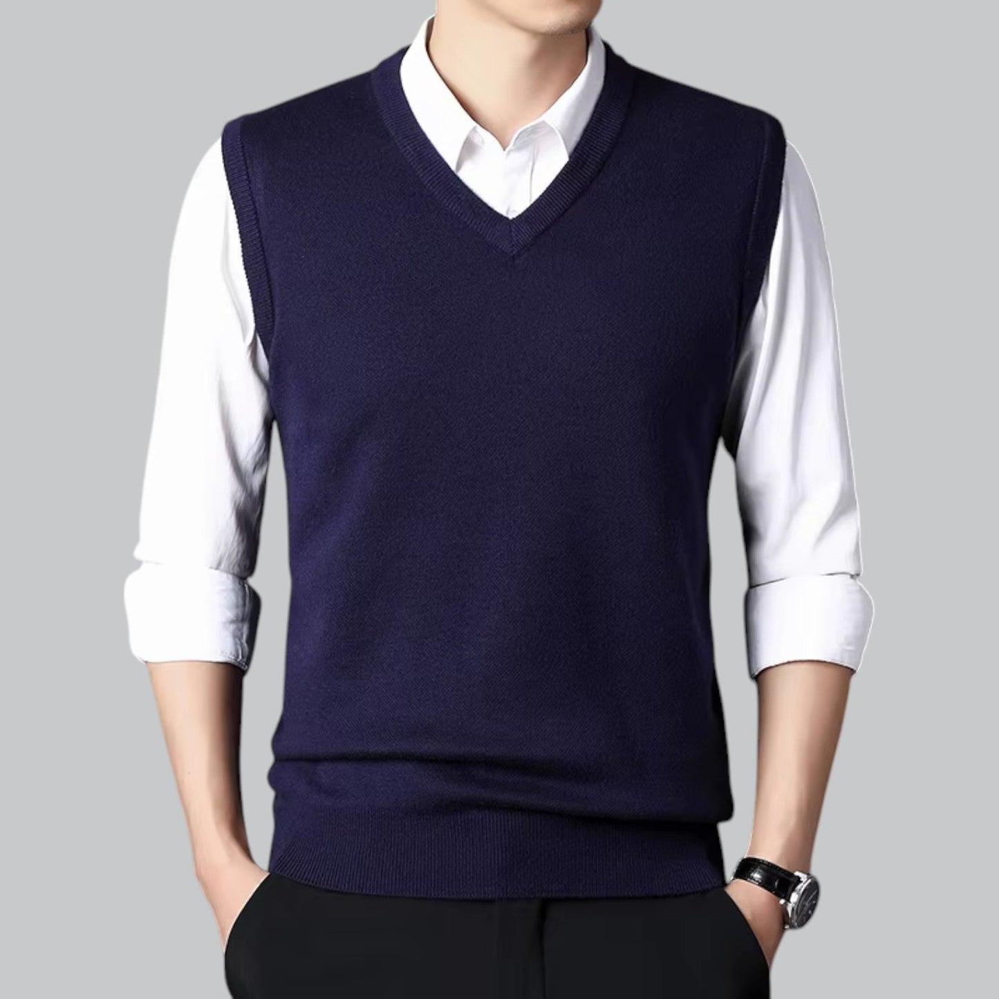 Męska - Klasyczny kardigan bez rękawów - Dekoltem w szpic - Miękki materiał - Stylowa warstwa wierzchnia