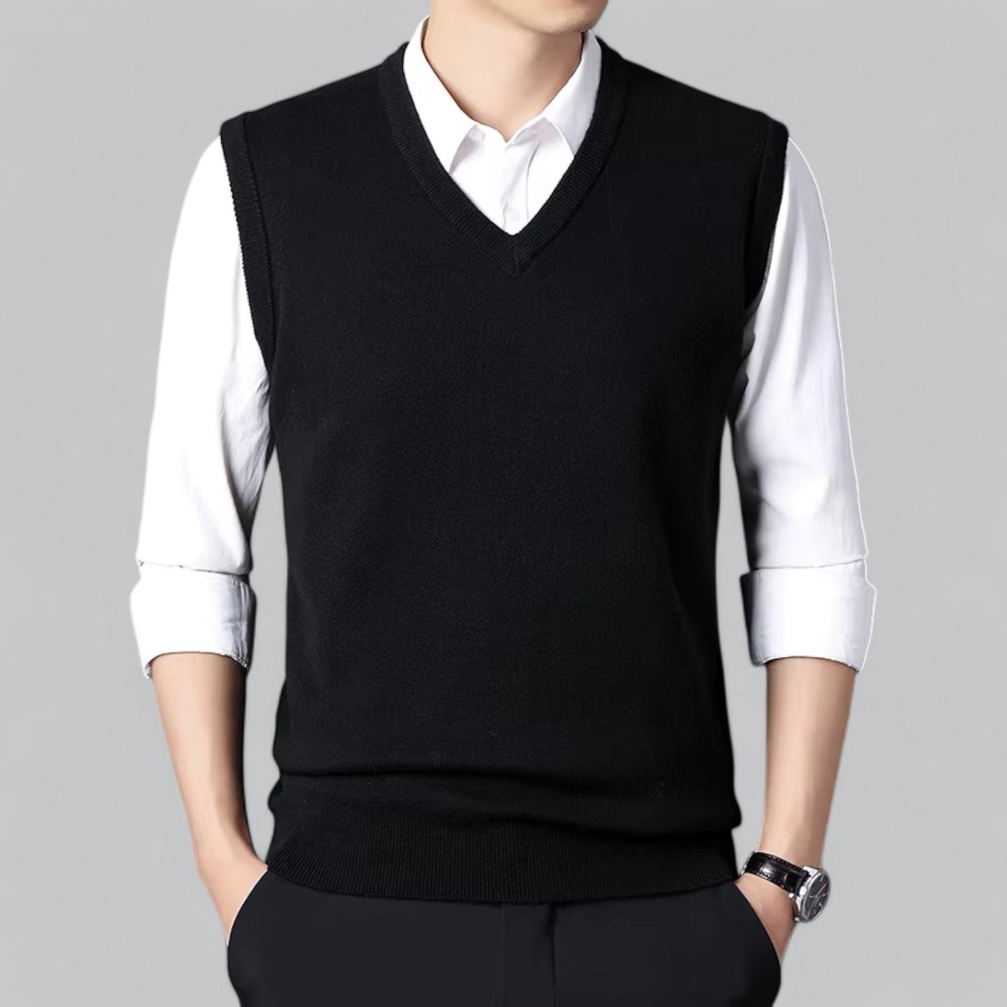 Męska - Klasyczny kardigan bez rękawów - Dekoltem w szpic - Miękki materiał - Stylowa warstwa wierzchnia