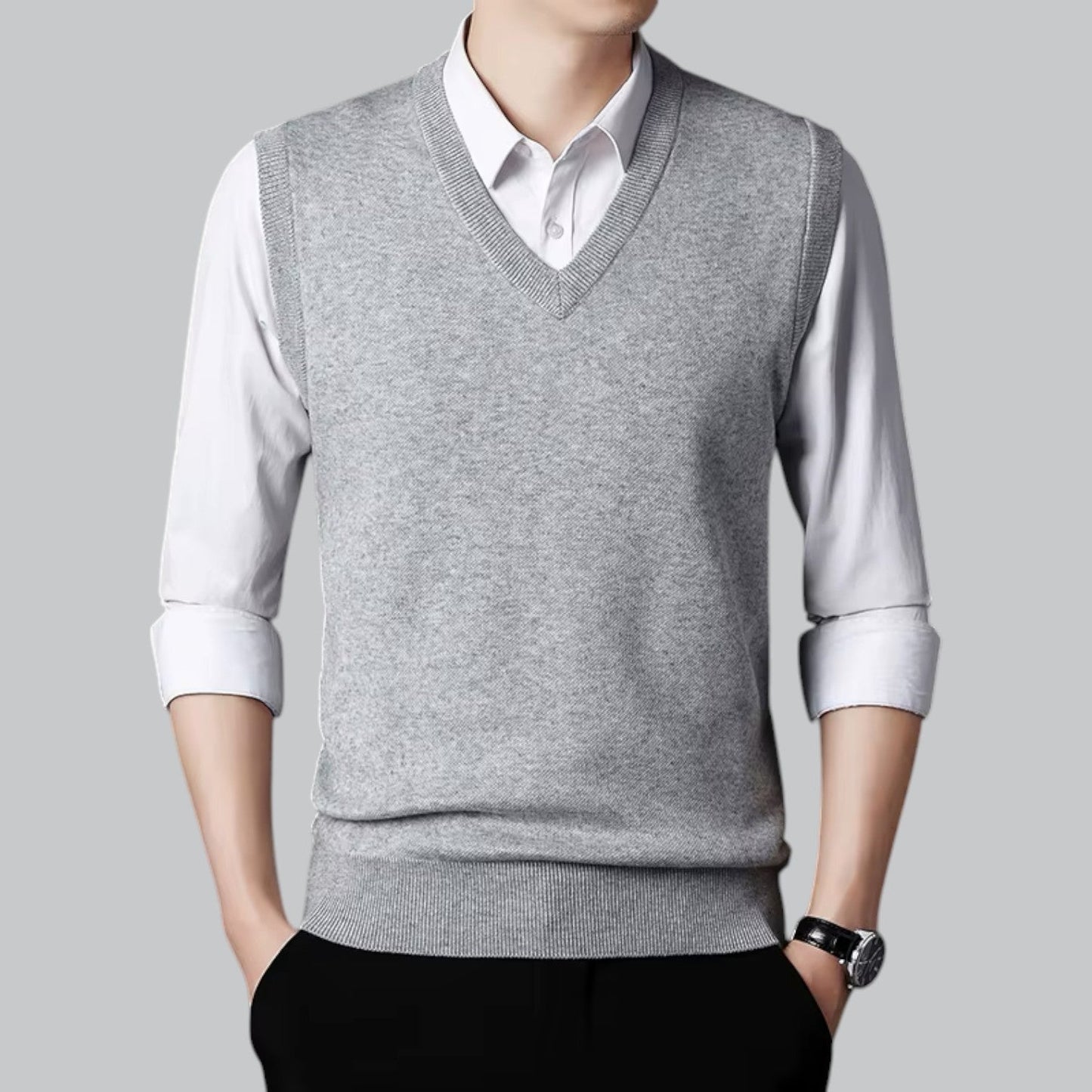 Męska - Klasyczny kardigan bez rękawów - Dekoltem w szpic - Miękki materiał - Stylowa warstwa wierzchnia