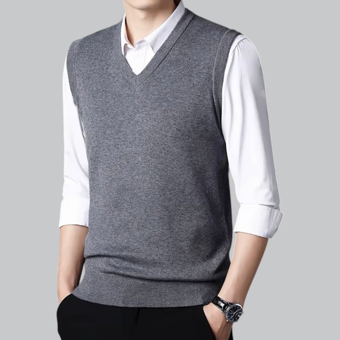 Męska - Klasyczny kardigan bez rękawów - Dekoltem w szpic - Miękki materiał - Stylowa warstwa wierzchnia