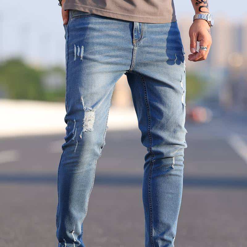 Męska - Jeansy skinny - Wytrzymały denim - Wygląd postarzany - Stylowy, miejski wygląd