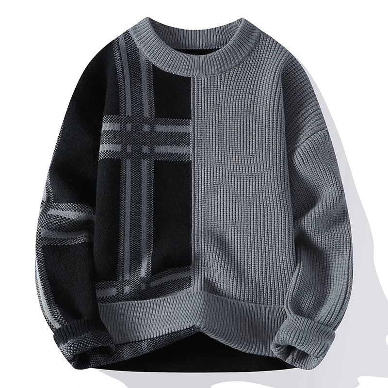 Męska - Sweter patchworkowy - Okrągłym dekoltem - Nowoczesny styl -Idealny na każdą okazję