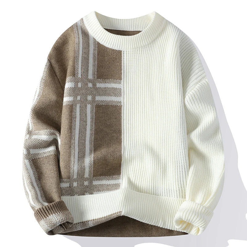 Męska - Sweter patchworkowy - Okrągłym dekoltem - Nowoczesny styl -Idealny na każdą okazję