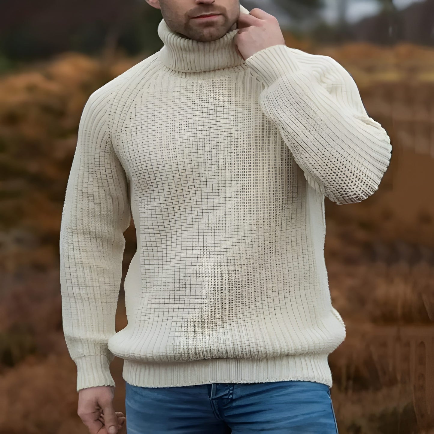 Męska - Sweter z golfem - Prążkowana dzianina - Modny i stylowy sweter na chłodne dni