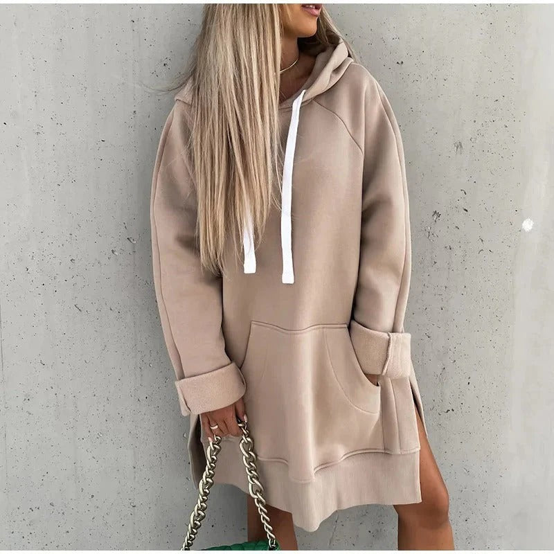 Damska - Sukienka oversize z kapturem - Mieszanka bawełny - Modny styl na każdą okazję
