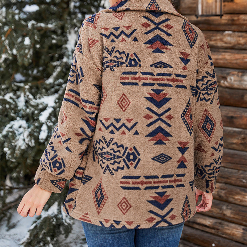 Damska - Oversize'owa pluszowa kurtka - Fuzzy Geometric Wzór - Stylowy i Wygodny Element Garderoby
