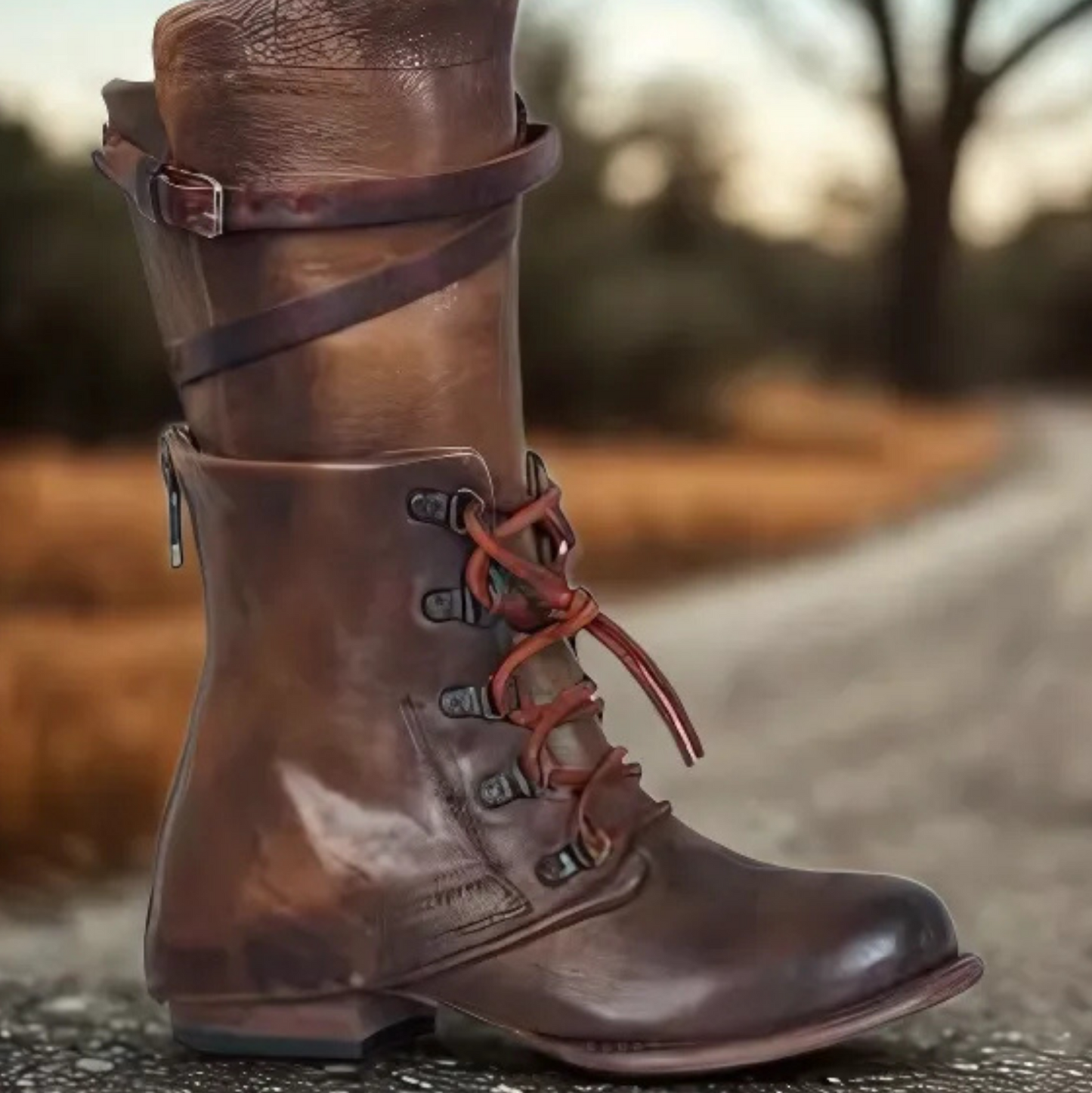Damska - Sznurowane buty do połowy łydki - Pasek z klamrą - Elegancki styl na każdą okazję