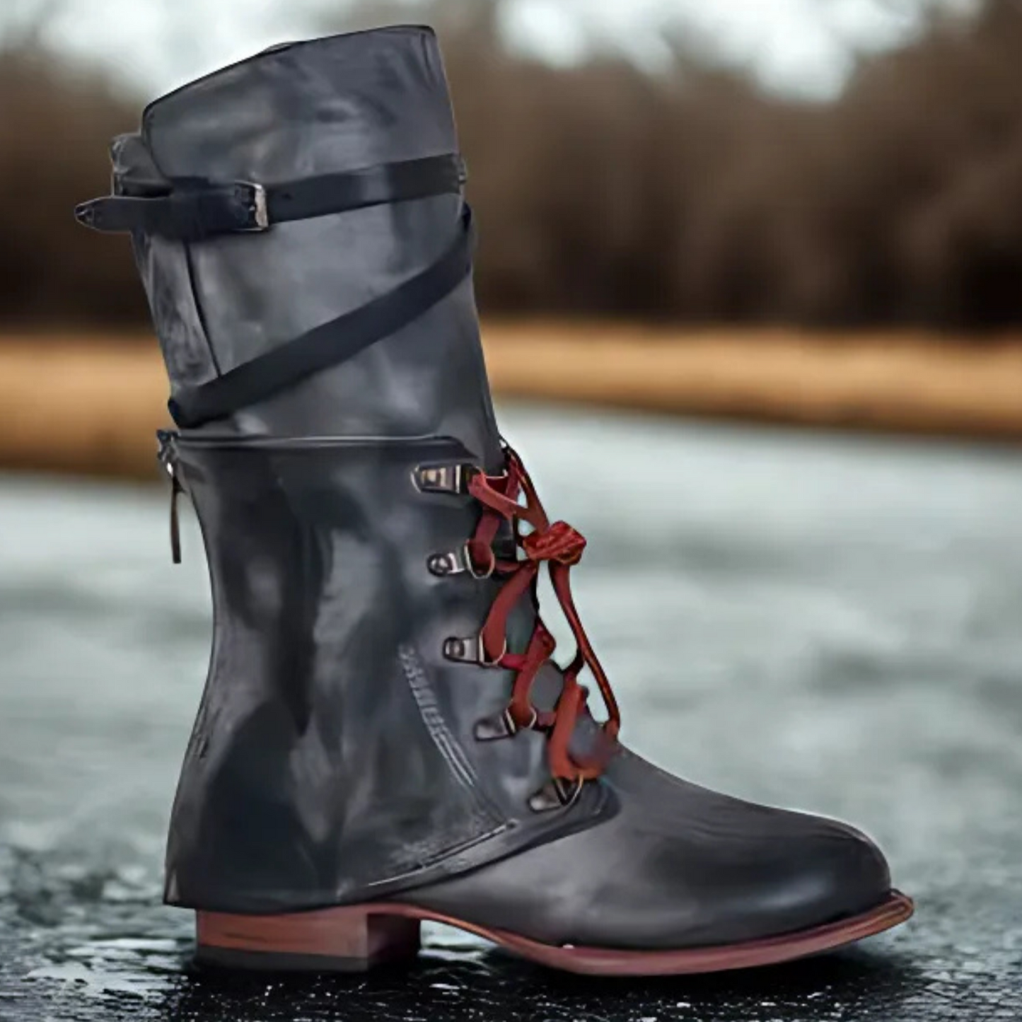 Damska - Sznurowane buty do połowy łydki - Pasek z klamrą - Elegancki styl na każdą okazję