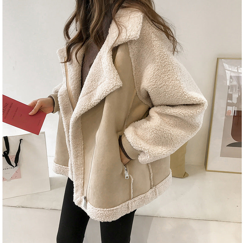 Damska - Oversizową Suede Zip Jacket - Tekstura pluszowa - Stylowe ciepło na każdą okazję