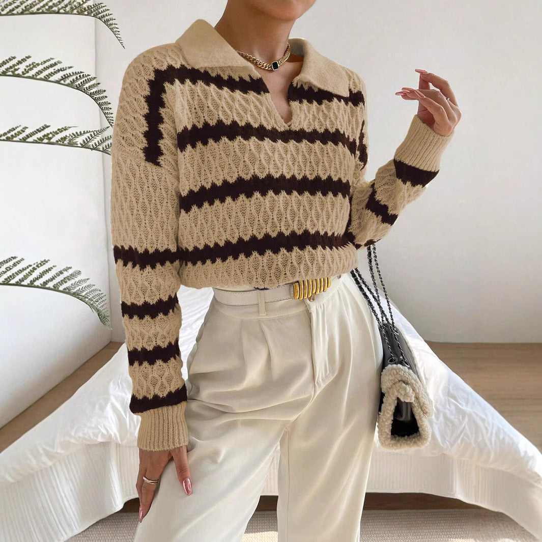 Damska - Sweter - Dzianina, polo w paski, stylowy i wygodny - Idealny na każdą okazję
