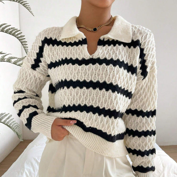 Damska - Sweter - Dzianina, polo w paski, stylowy i wygodny - Idealny na każdą okazję