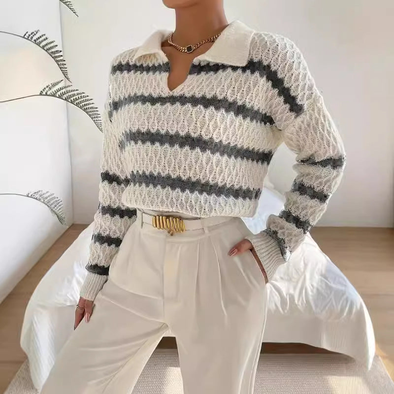 Damska - Sweter - Dzianina, polo w paski, stylowy i wygodny - Idealny na każdą okazję