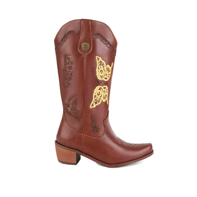 Damska - Buty western z haftem - Skórzane, do połowy łydki - Stylowe i wygodne obuwie