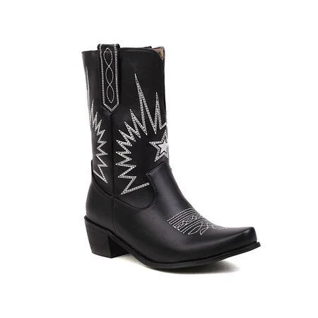 Damska - Buty western do połowy łydki z haftem - Stylowe i wygodne - Idealne na każdą okazję