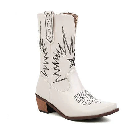 Damska - Buty western do połowy łydki z haftem - Stylowe i wygodne - Idealne na każdą okazję