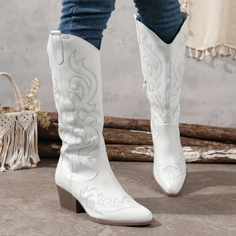 Damska - Buty western do kolan - Haftowany styl - Modne obuwie na każdą okazję