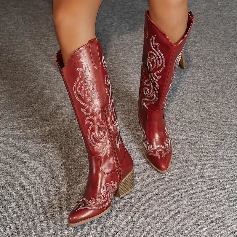 Damska - Buty western do kolan - Haftowany styl - Modne obuwie na każdą okazję