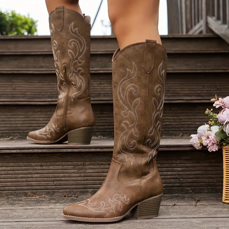 Damska - Buty western do kolan - Haftowany styl - Modne obuwie na każdą okazję