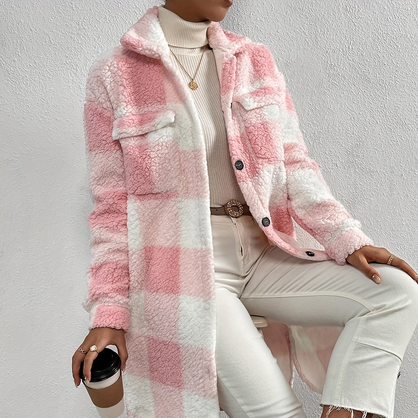 Damska - Oversizowy płaszcz typu teddy coat - Ciepły i Stylowy - Idealny na Zimowe Dni