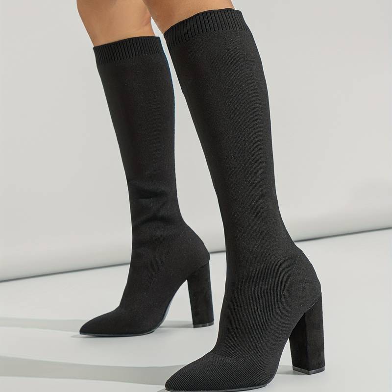 Damska - Buty do kolan - Cholewka w stylu skarpetkowym - Wąski czubek - Modne buty na każdą okazję
