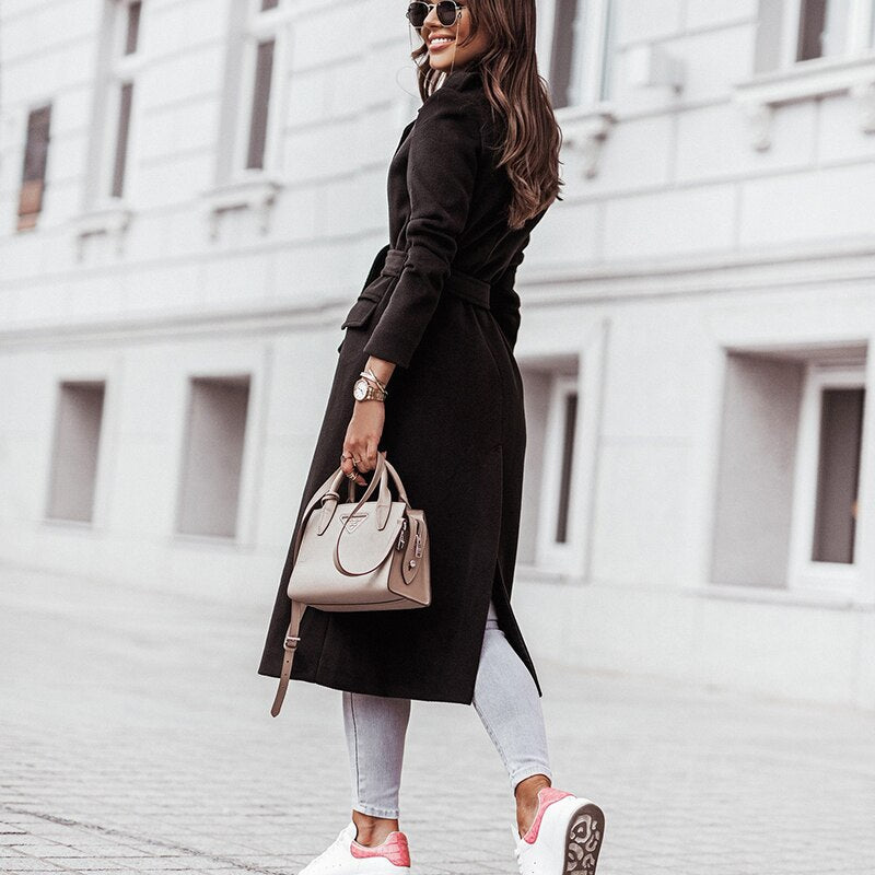 Damska - Kurtka - Wyciętymi klapami - Paskiem w talii - Elegancki styl na każdą okazję