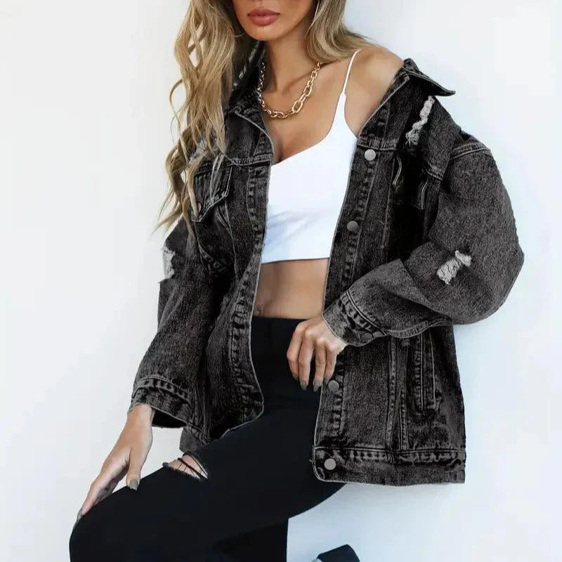 Damska - Kurtka dżinsowa oversize - Oddychającego materiału - Wszechstronna moda na co dzień