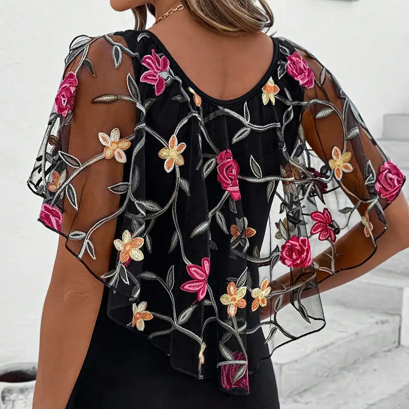 Damska - Bluzka - Haftowana siateczka - Bawełną - Elegancki i stylowy top - Modny wybór na każdą okazję