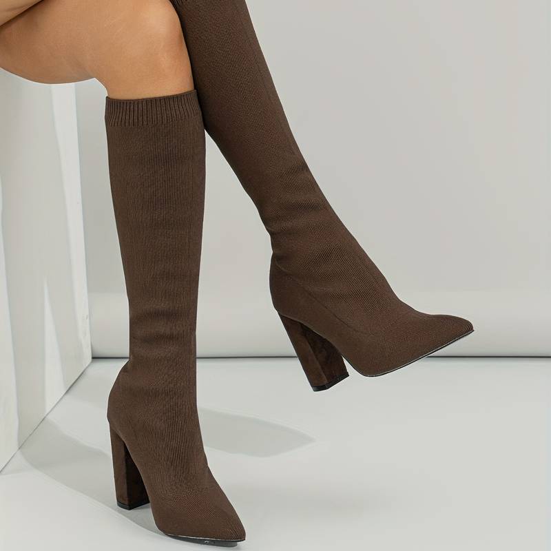 Damska - Buty do kolan - Cholewka w stylu skarpetkowym - Wąski czubek - Modne buty na każdą okazję
