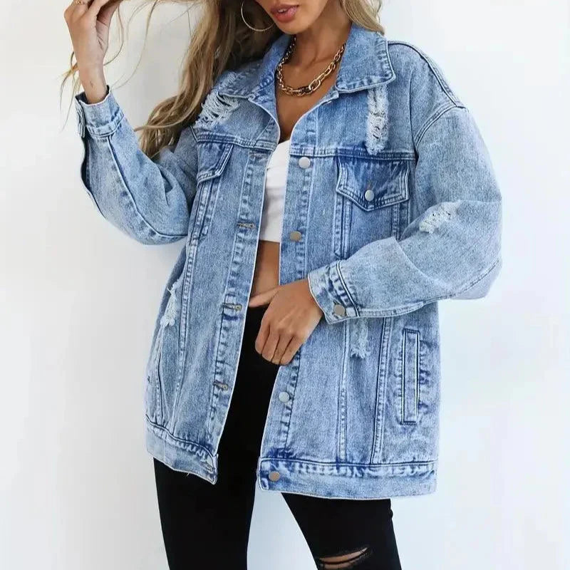 Damska - Kurtka dżinsowa oversize - Oddychającego materiału - Wszechstronna moda na co dzień