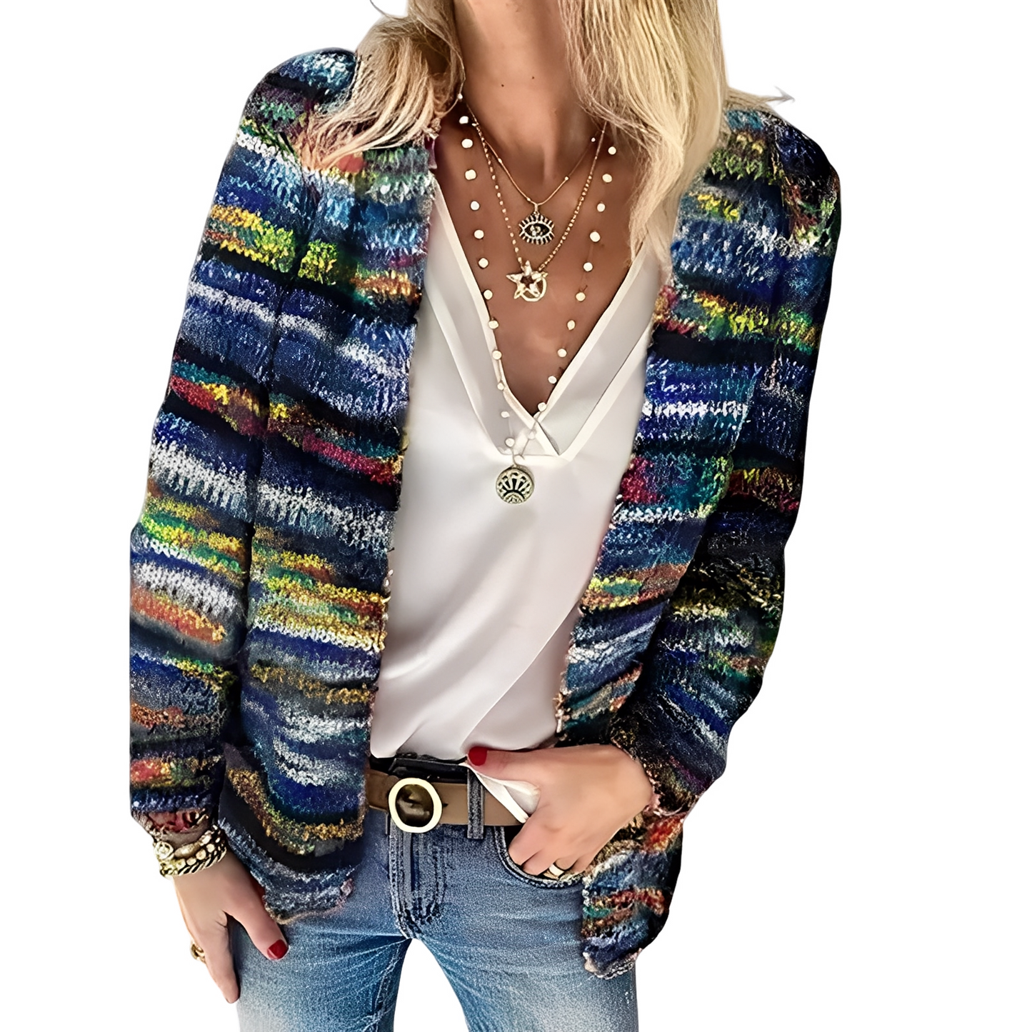 Damska - Wielokolorowy kardigan - Przytulna dzianina - Stylowy casual