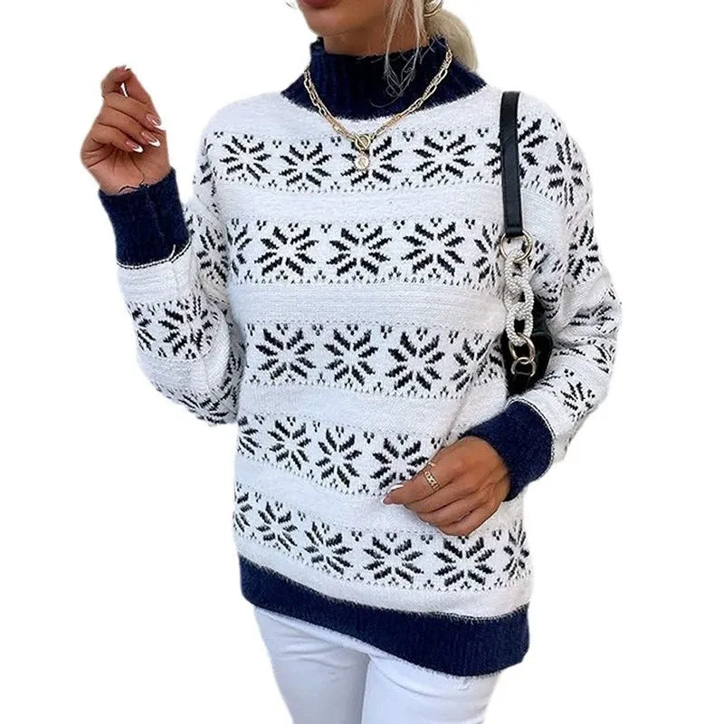Damska - Dzianinowy sweter - Motywem płatków śniegu - Przytulna mieszanka wełny - Zimowa moda na chłodne dni