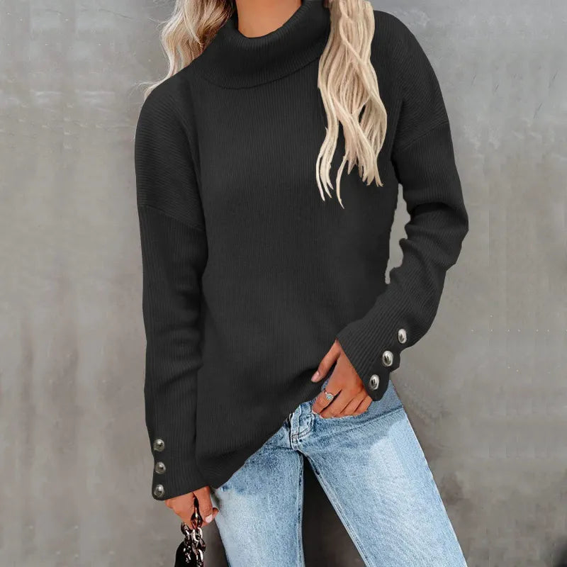Damska - Sweter oversize - Prążkowanym golfem - komfortowy styl na każdą okazję