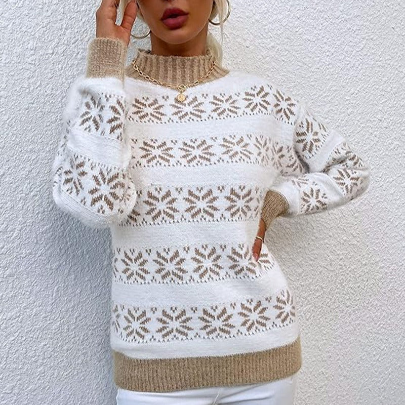 Damska - Dzianinowy sweter - Motywem płatków śniegu - Przytulna mieszanka wełny - Zimowa moda na chłodne dni