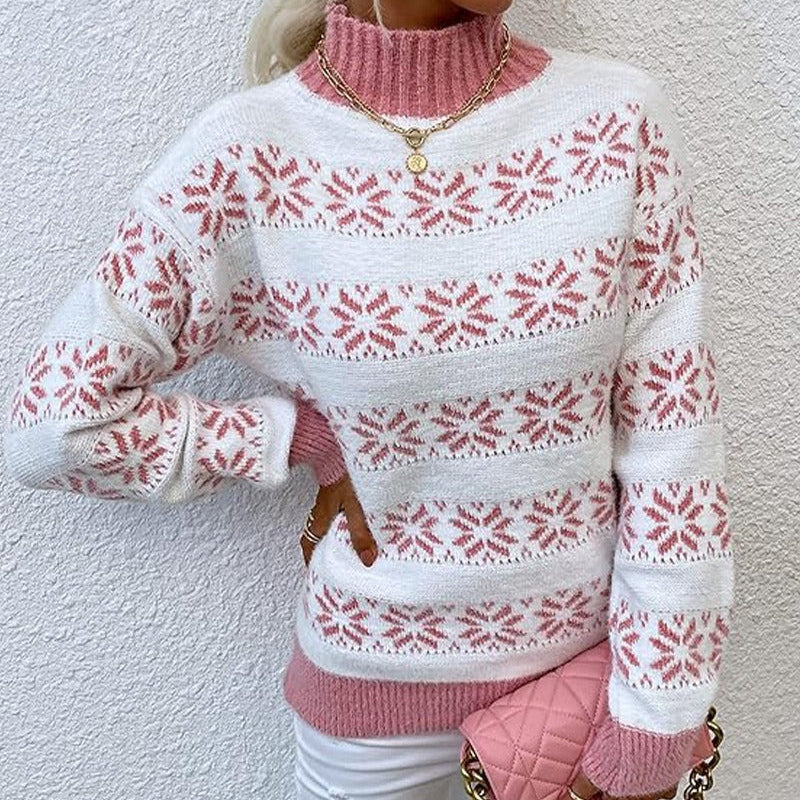 Damska - Dzianinowy sweter - Motywem płatków śniegu - Przytulna mieszanka wełny - Zimowa moda na chłodne dni