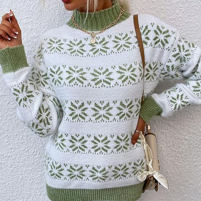 Damska - Dzianinowy sweter - Motywem płatków śniegu - Przytulna mieszanka wełny - Zimowa moda na chłodne dni