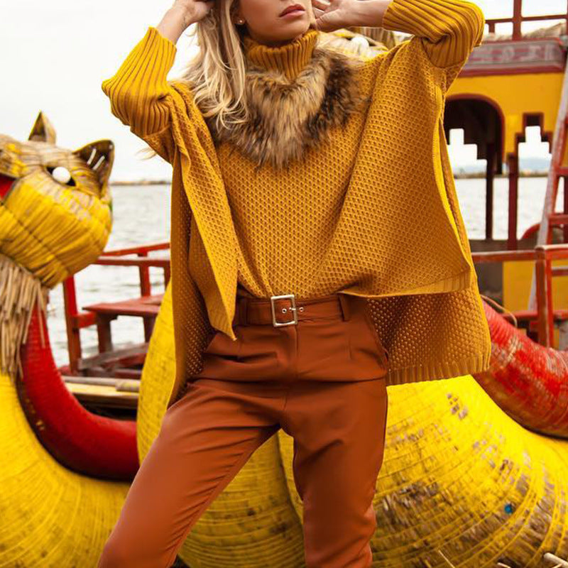 Damska - Sweter dzianinowy - Wysokim dekoltem - Siateczkowymi detalami - Komfortowy i Stylowy