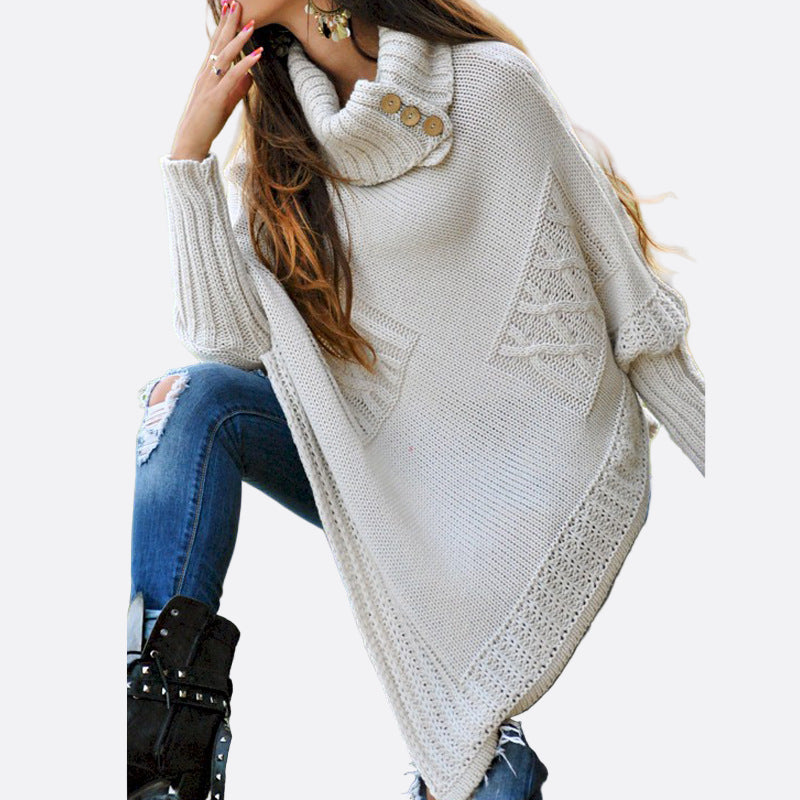 Damska - Ponczo z dzianiny - Wysoki kołnierz - Stylowe i komfortowe na każdą okazję