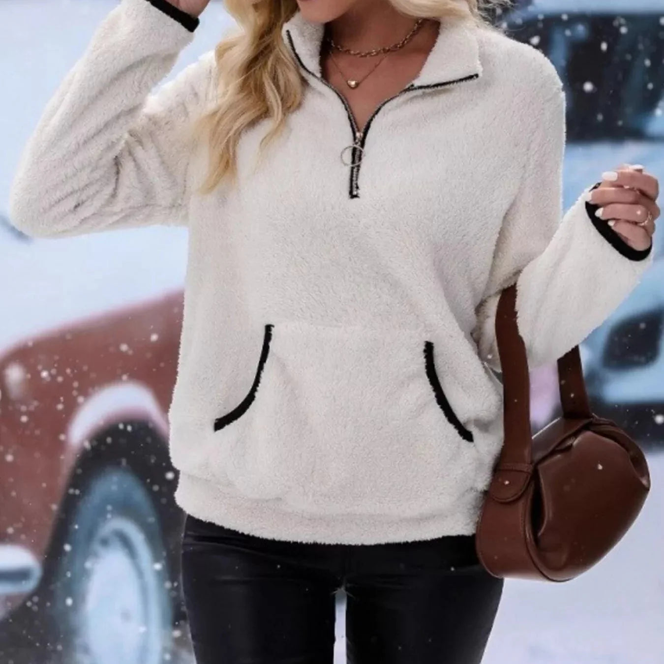 Damska - Polarowy sweter - Oddychający materiał - Pluszowy sweter z zamkiem błyskawicznym