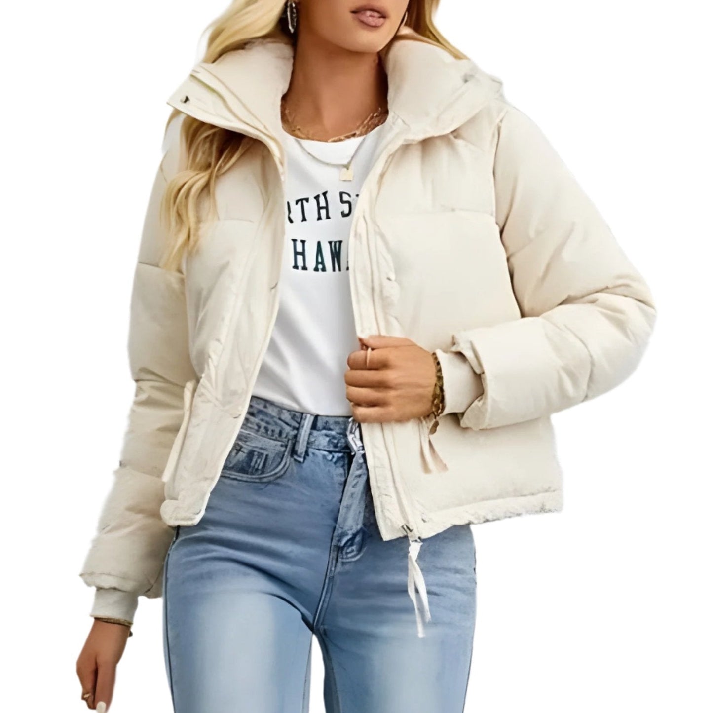 Damska - Kurtka puchowa - Ciepły materiał - Wysoki kołnierz i zamek błyskawiczny - Idealna na zimę