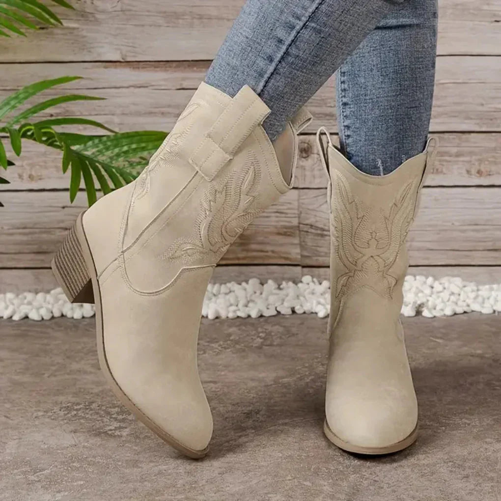 Damska - Buty kowbojki - Skóra - Zaokrąglony nosek - Styl Western z haftem
