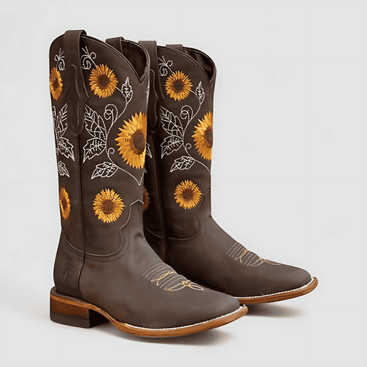 Damska - Buty kowbojskie - Kwiatowym haftem - Stylowe skórzane obuwie - Idealne na każdą okazję