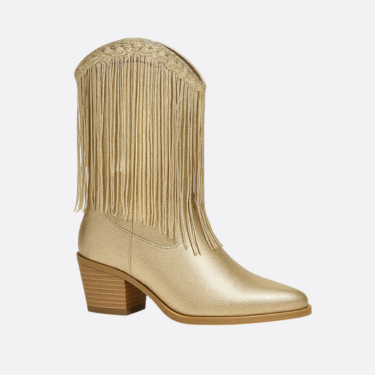 Damska - Buty kowbojskie - Połowy łydki z cekinami i frędzlami - Stylowe i modowe obuwie na każdą okazję