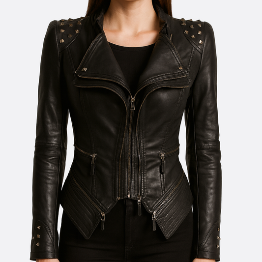 Damska - Czarna kurtka biker - Dopasowany krój - Stylowy design - Modny wybór na każdą okazję