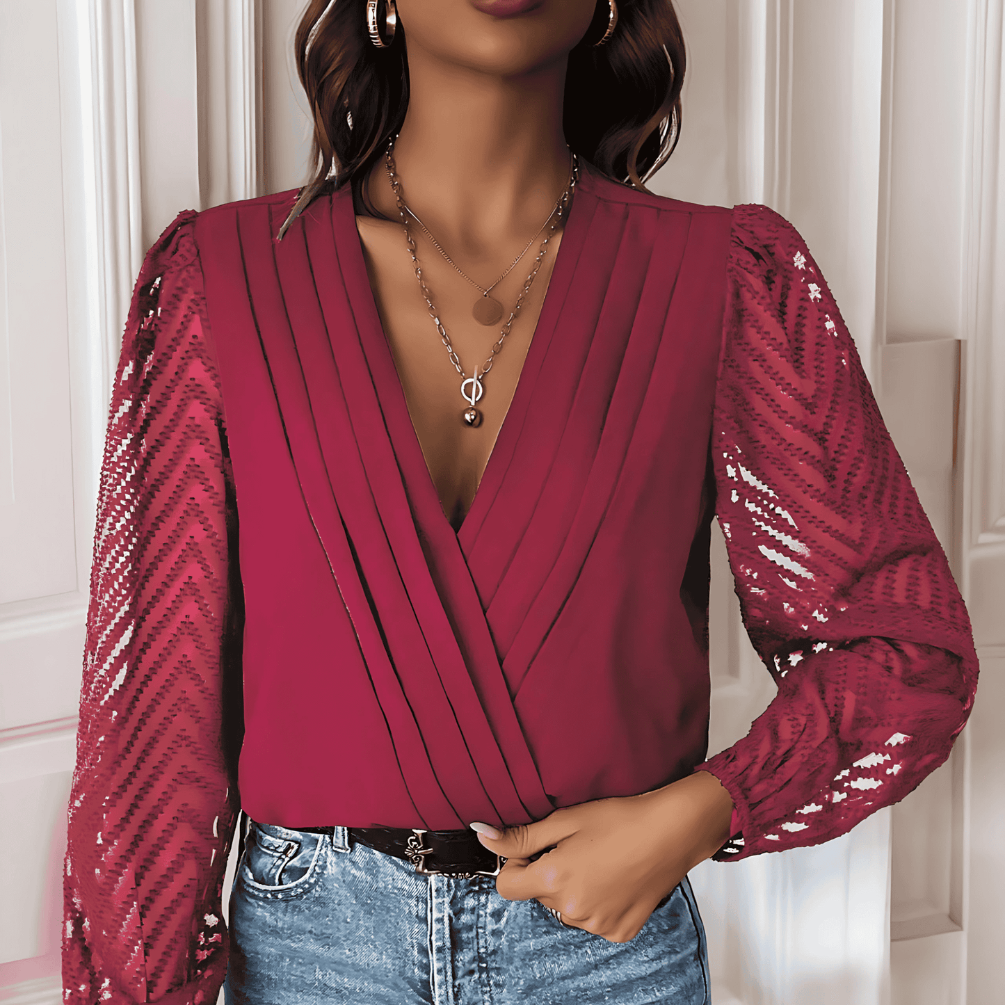 Damska - Eleganckie body z głębokim dekoltem - Szpic i obszernymi rękawami - Idealne na wyjątkowe okazje