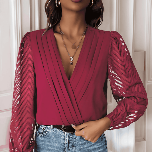 Damska - Eleganckie body z głębokim dekoltem - Szpic i obszernymi rękawami - Idealne na wyjątkowe okazje