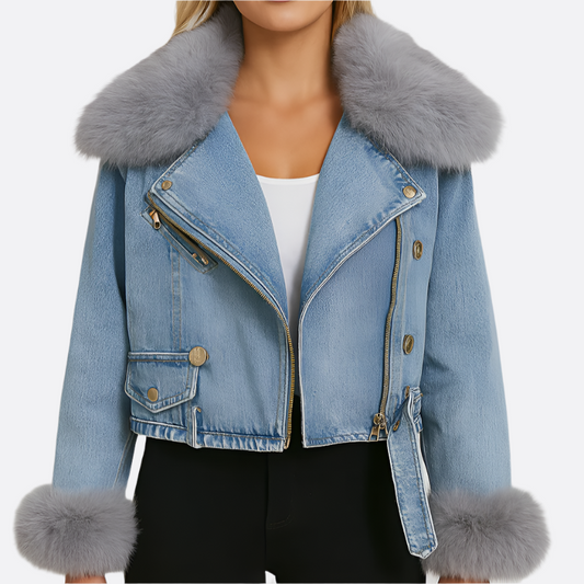 Damska - Kurtka - Denim - Niebieska z kołnierzem i mankietami ze sztucznego futra - Modny zimowy styl
